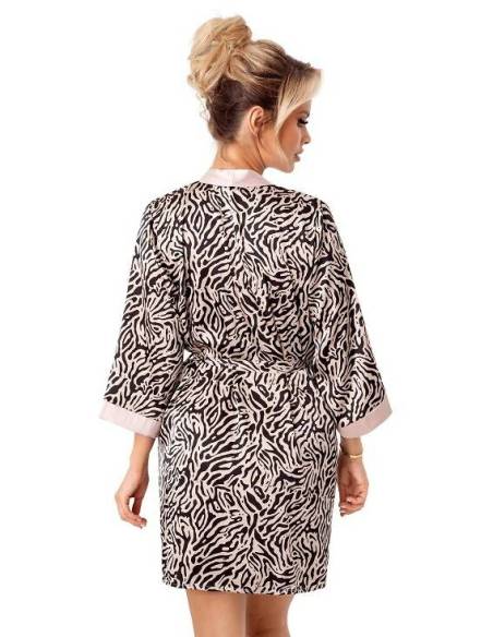 Szlafrok satyna beż zwierzęcy z koronką rękaw 3/4 przed kolano Donna Sheila