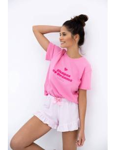 Piżama damska różowa krótki rękaw i spodenki w paski... 2