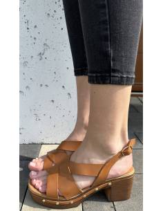 Sandałki brązowe karmelowe bez palcy obcas klocek skóra... 2