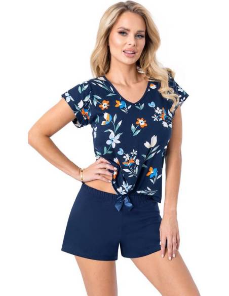 Piżama damska granatowa kwiatki krótki rękaw spodenki Donna Caroline Short