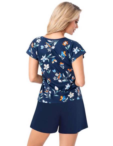 Piżama damska granatowa kwiatki krótki rękaw spodenki Donna Caroline Short