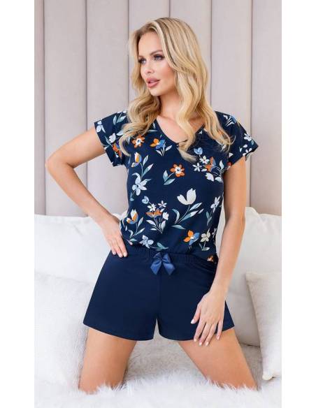 Piżama damska granatowa kwiatki krótki rękaw spodenki Donna Caroline Short