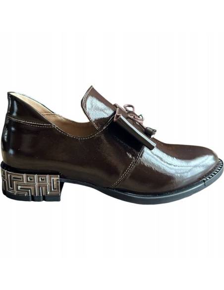 Eleganckie botki damskie brązowe lakierowane skórzane Venetti 1399 zdobione