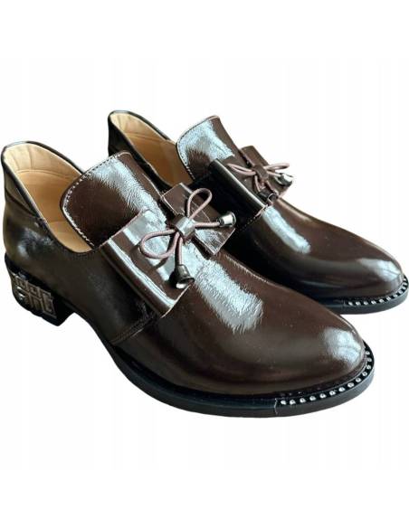 Eleganckie botki damskie brązowe lakierowane skórzane Venetti 1399 zdobione
