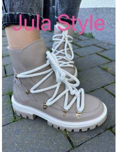 Śniegowce damskie beżowe nude na traperze skóra naturalna...