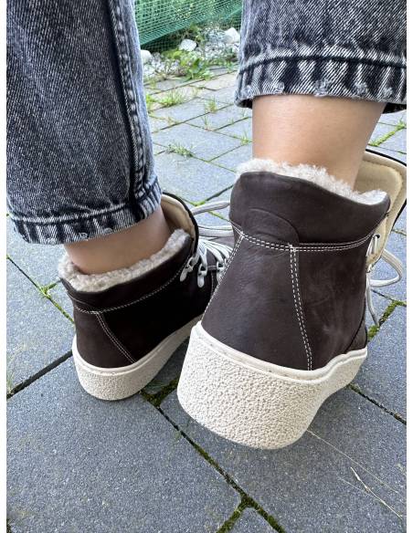 Trzewiki damskie brązowe skóra naturalna zamsz ocieplane wiązane 537S3