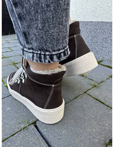 Trzewiki damskie brązowe skóra naturalna zamsz ocieplane wiązane 537S3