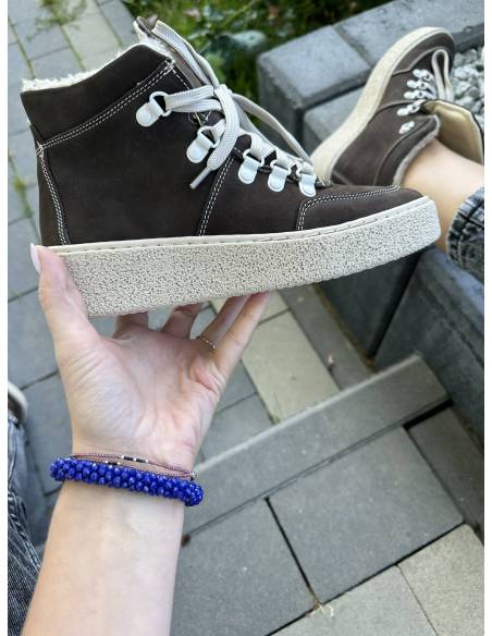 Trzewiki damskie brązowe skóra naturalna zamsz ocieplane wiązane 537S3