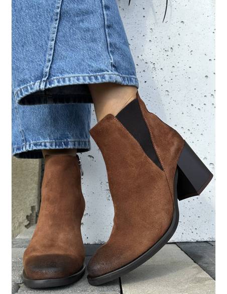 Botki brązowe rude kasztanowe na obcasie skóra naturalna zamsz Lamanti 1135