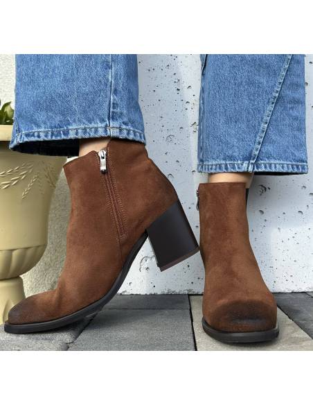 Botki brązowe rude kasztanowe na obcasie skóra naturalna zamsz Lamanti 1135