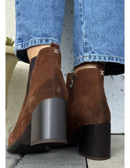 Botki brązowe rude kasztanowe na obcasie skóra naturalna zamsz Lamanti 1135