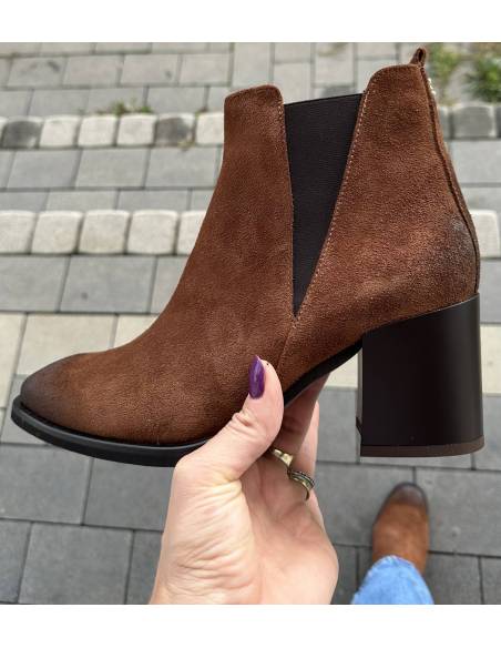 Botki brązowe rude kasztanowe na obcasie skóra naturalna zamsz Lamanti 1135