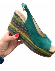 Zielone skórzane sandały na kolorowej platformie koturnie... 2