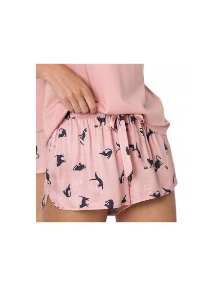 Piżama damska krótki rękaw spodenki short brzoskwiniowa koty Aruelle Mollie short