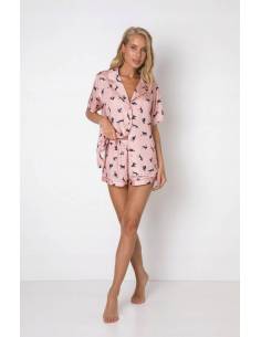 Piżama damska krótki rękaw szorty różowa morelowa koty...