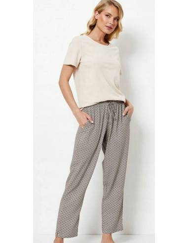 Piżama damska beżowa brąz krótki rękaw długie...