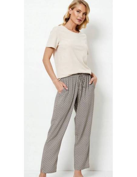 Piżama damska beżowa brąz krótki rękaw długie spodnie Aruelle Jade bawełna