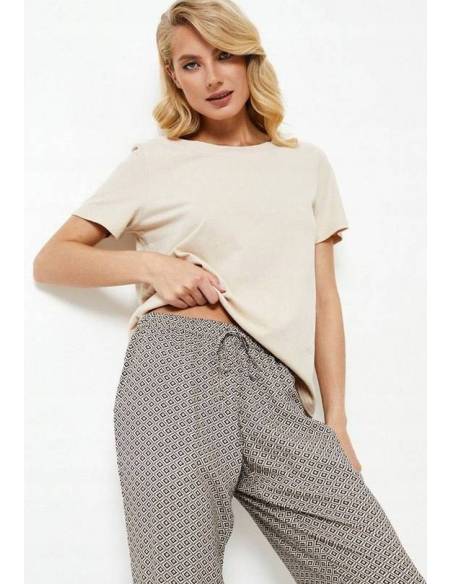 Piżama damska beżowa brąz krótki rękaw długie spodnie Aruelle Jade bawełna