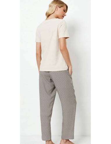 Piżama damska beżowa brąz krótki rękaw długie...