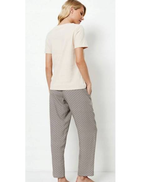 Piżama damska beżowa brąz krótki rękaw długie spodnie Aruelle Jade bawełna