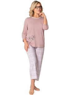 Piżama damska brudny róż rękaw 3/4 spodnie w kratkę...