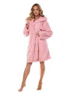 Szlafrok damski różowy z kapturem 3D wiązany kieszenie... 2