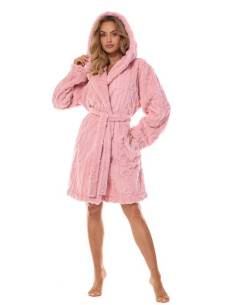 Szlafrok damski różowy z kapturem 3D wiązany kieszenie...
