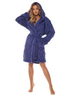 Szlafrok damski niebieski z kapturem 3D wiązany kieszenie...