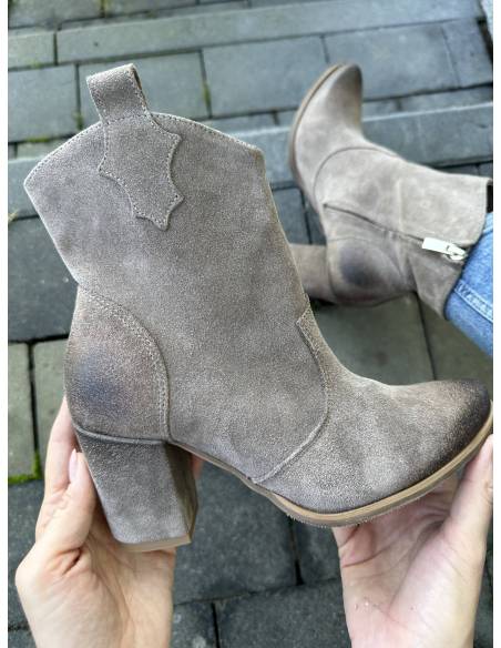 Botki beż almond nowość skóra zamsz Exquisite 1412  obcas słupek