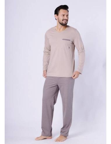 Piżama męska beżowa bawełna długi rękaw i...