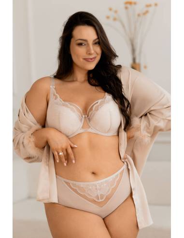 Figi wysokie beżowe nude beige koronkowe tiul...