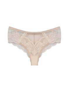Figi brazyliany beżowe nude beige koronkowe tiul... 2