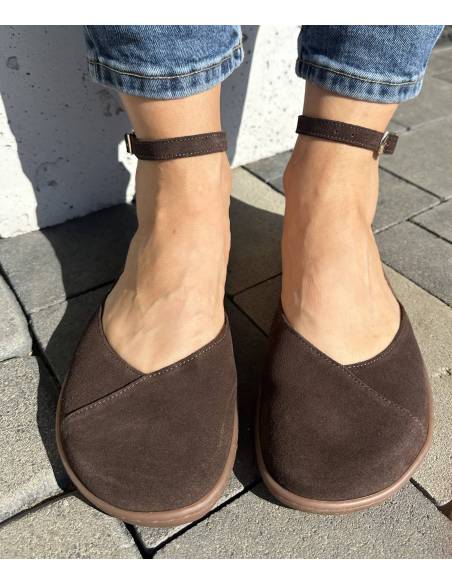 Brązowe baleriny skóra barefoot pasek na kostce płaska podeszwa Comfy 320