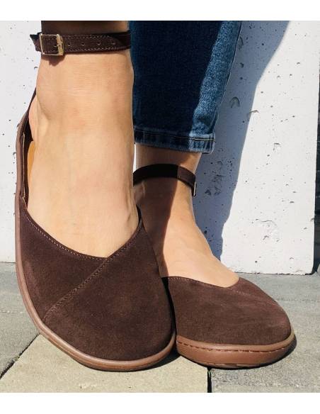 Brązowe baleriny skóra barefoot pasek na kostce płaska podeszwa Comfy 320