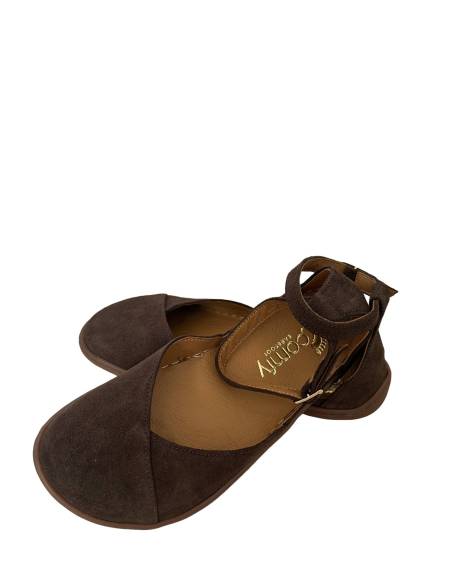 Brązowe baleriny skóra barefoot pasek na kostce płaska podeszwa Comfy 320