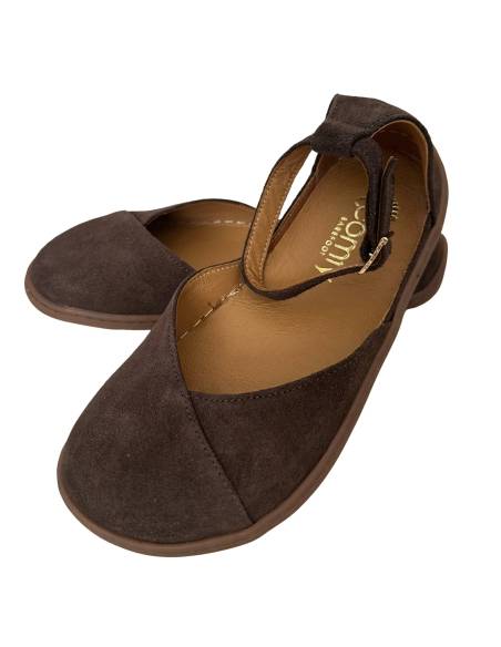 Brązowe baleriny skóra barefoot pasek na kostce płaska podeszwa Comfy 320