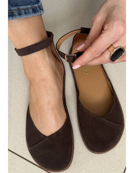 Brązowe baleriny skóra barefoot pasek na kostce płaska podeszwa Comfy 320