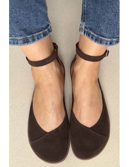 Brązowe baleriny skóra barefoot pasek na kostce płaska podeszwa Comfy 320