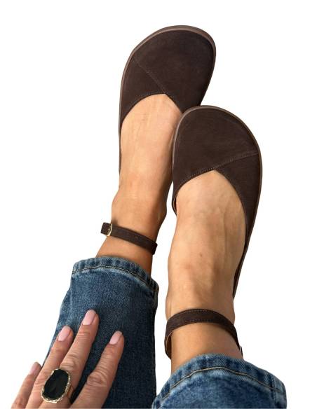 Brązowe baleriny skóra barefoot pasek na kostce płaska podeszwa Comfy 320