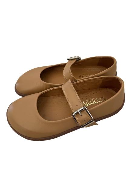 Beżowe baleriny skóra barefoot zapinane paskiem płaska podeszwa Comfy 316