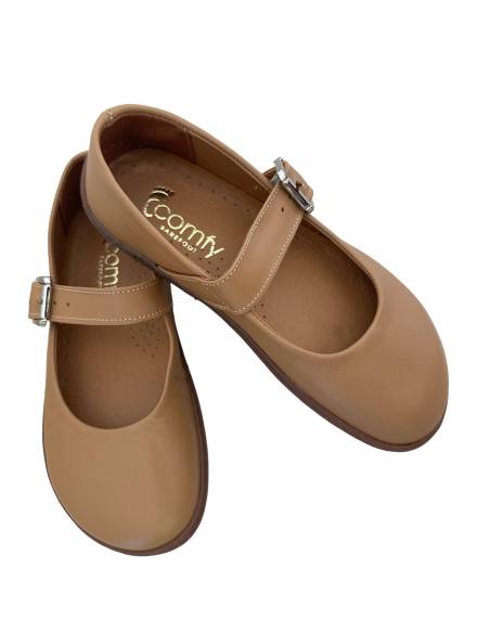 Beżowe baleriny skóra barefoot zapinane paskiem płaska podeszwa Comfy 316