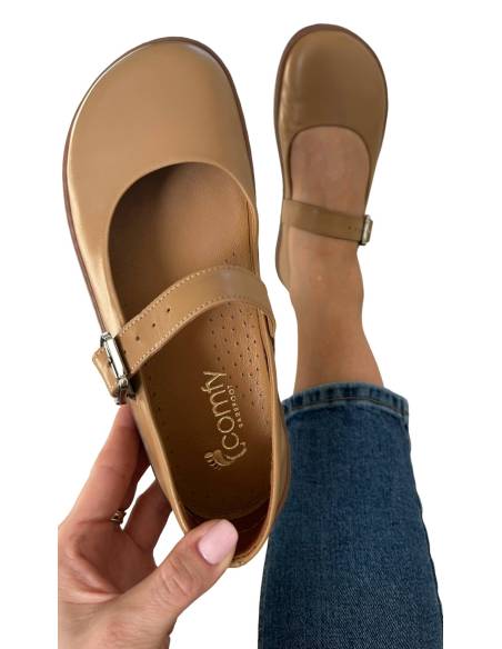 Beżowe baleriny skóra barefoot zapinane paskiem płaska podeszwa Comfy 316