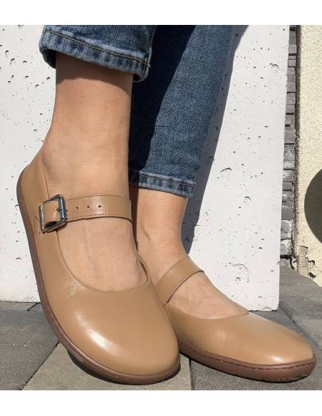 Beżowe baleriny skóra barefoot zapinane paskiem płaska podeszwa Comfy 316