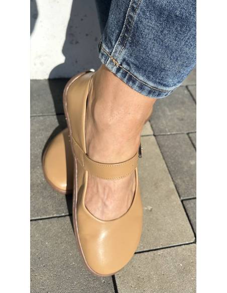 Beżowe baleriny skóra barefoot zapinane paskiem płaska podeszwa Comfy 316