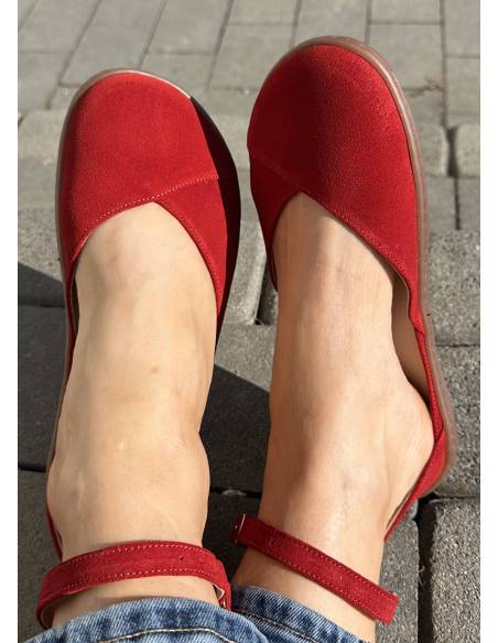Czerwone baleriny skóra barefoot zapinane paskiem płaska podeszwa Comfy 320