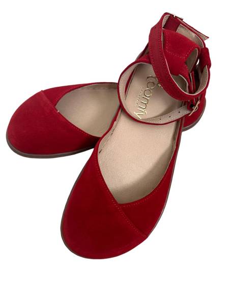 Czerwone baleriny skóra barefoot zapinane paskiem płaska podeszwa Comfy 320