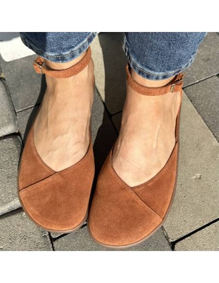 Brązowe baleriny rude skóra barefoot pasek płaska podeszwa Comfy 320