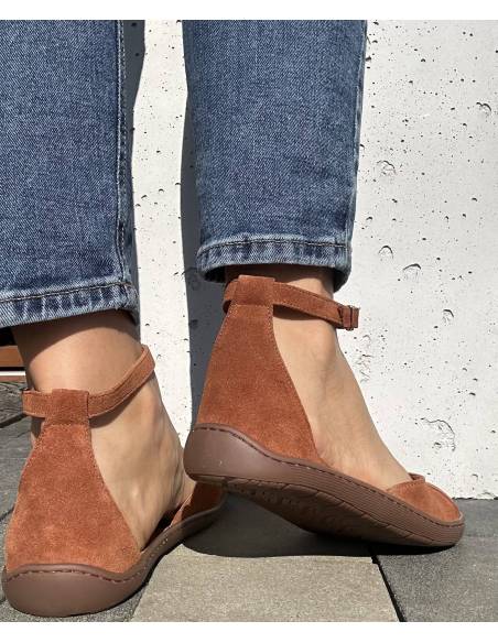 Brązowe baleriny rude skóra barefoot pasek płaska podeszwa Comfy 320