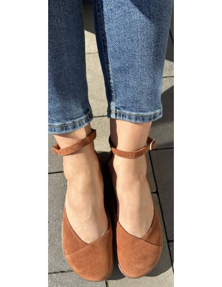 Brązowe baleriny rude skóra barefoot pasek płaska podeszwa Comfy 320