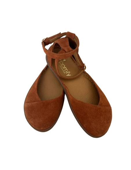 Brązowe baleriny rude skóra barefoot pasek płaska podeszwa Comfy 320
